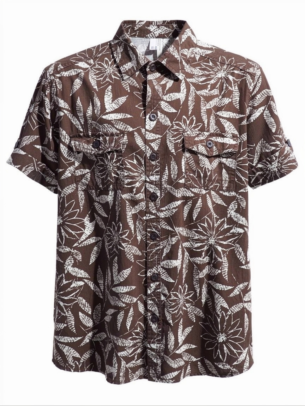 White Stag Brown Button-Down Floral Print Shirt, Cuffed sleeves, Chest Pockets